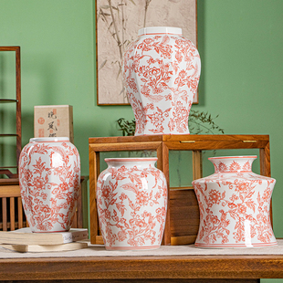 喜庆红色陶瓷釉里红花瓶 新中式家居装饰摆件插花瓶彩绘陶瓷摆件