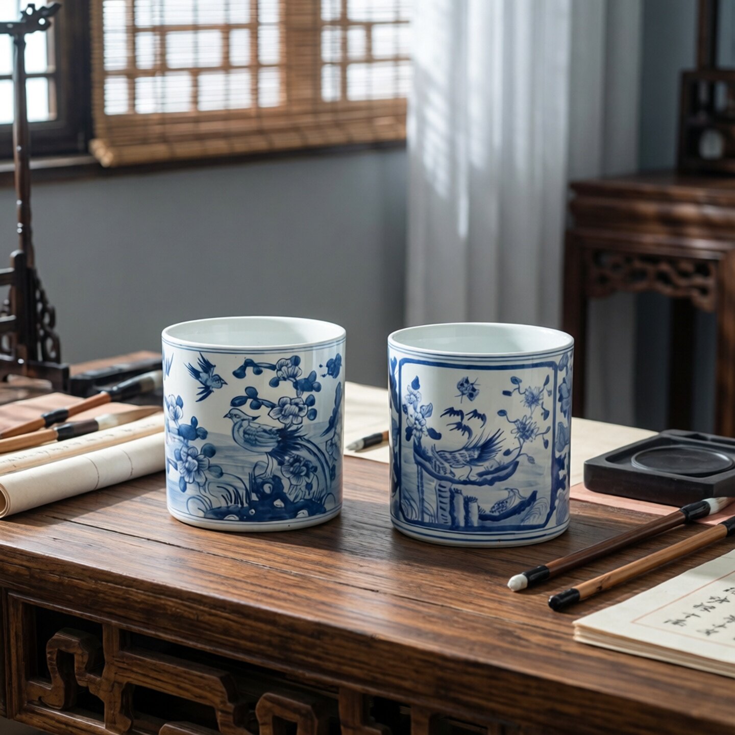 复古明清中式青花瓷圆柱形花盆陶瓷古典花卉图案装饰盆栽容器无孔