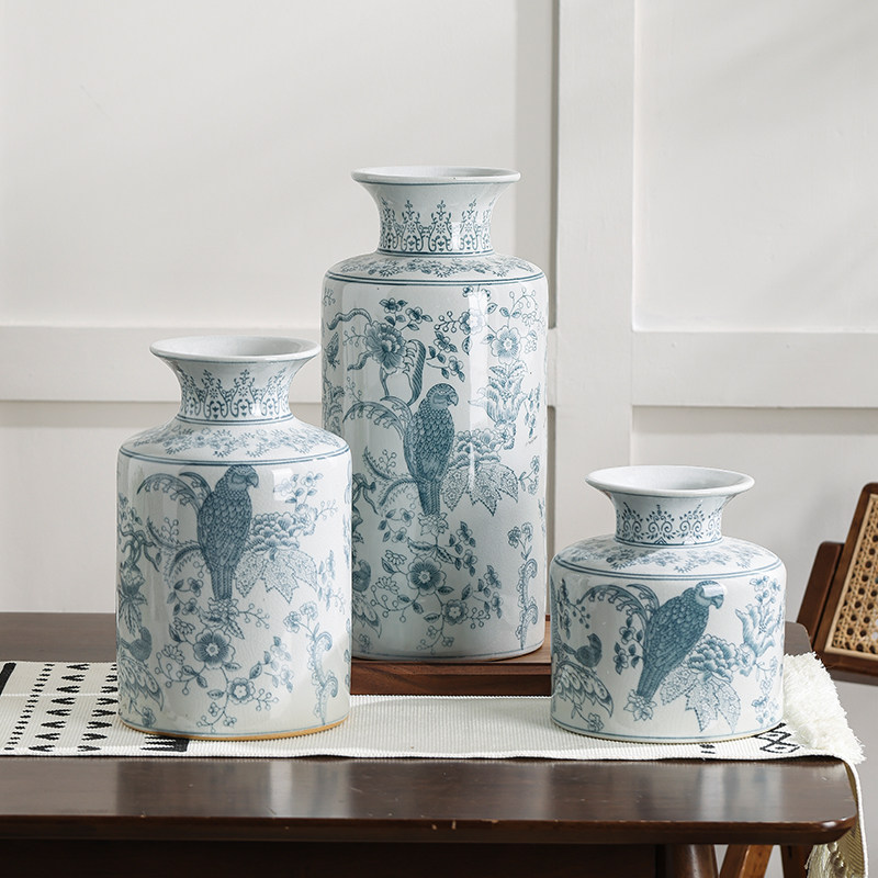 鹦鹉花卉纹青花瓷花瓶陶瓷国风新中式水养客厅插花花器装饰摆件