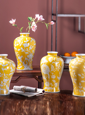 雨彤“富贵黄兰”开运摆件玄关客厅花瓶手工堆釉黄色手绘有凹凸感