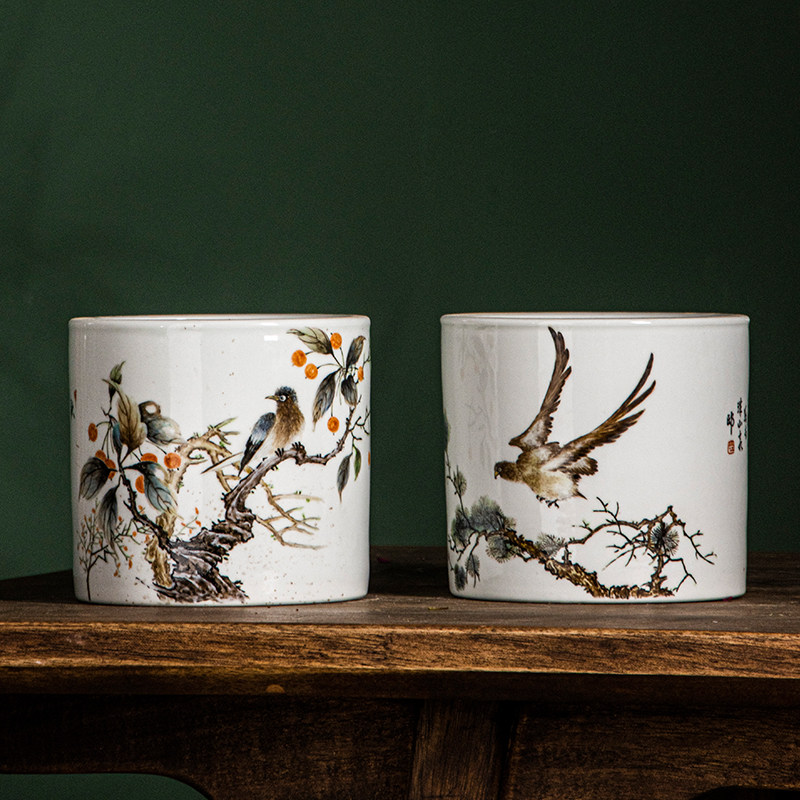 景德镇纯手绘花鸟高档仿古陶瓷花盆笔洗明清仿古陶瓷花盆笔筒花瓶