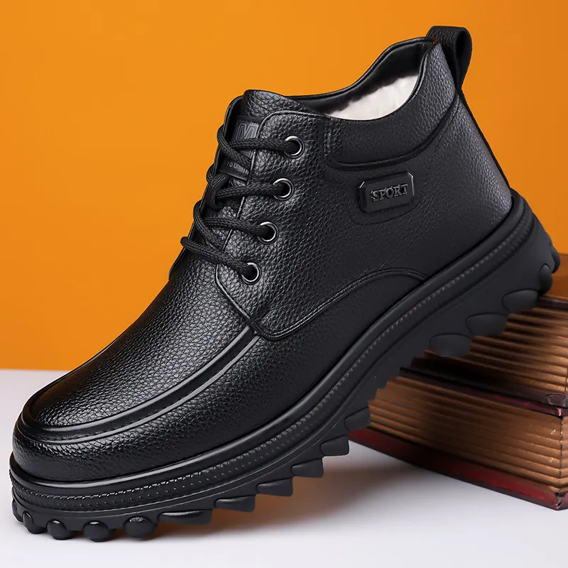 2024冬季新款爸爸高帮棉鞋男真皮系带保暖雪地靴拉链套脚棉鞋6308