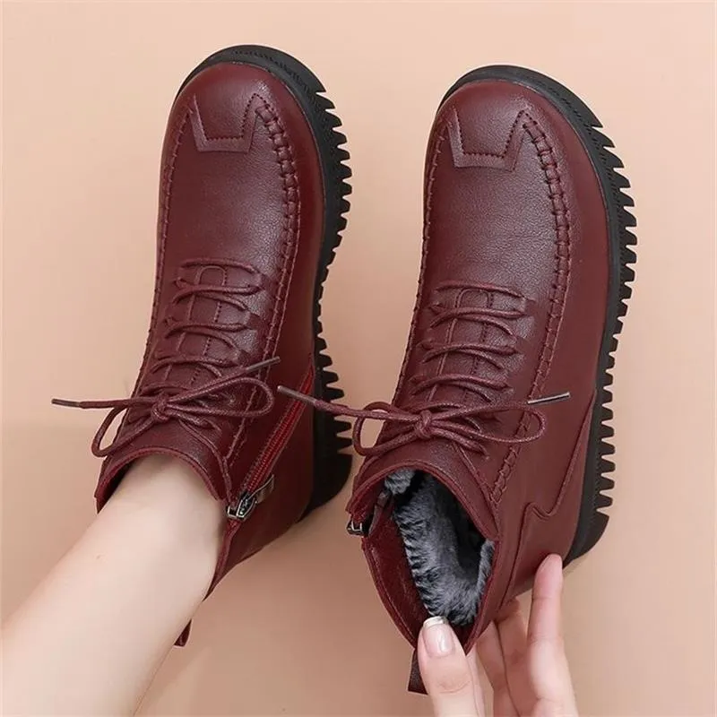 中年平底鞋子冬天保暖加绒妈妈棉鞋女防滑女士棉鞋短靴冬季老人鞋