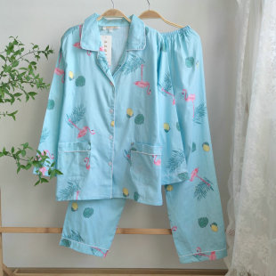 春秋薄款全棉女士翻领长袖梭织棉布睡衣卡通火烈鸟家居服