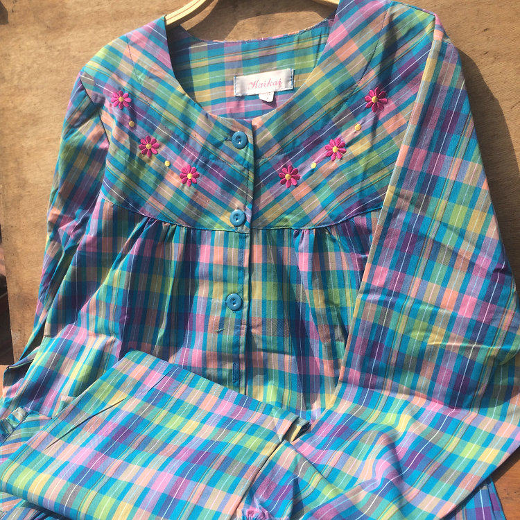 100%纯棉梭织棉布薄款全棉短袖婆婆色织棉长袖格子开衫大码女睡衣