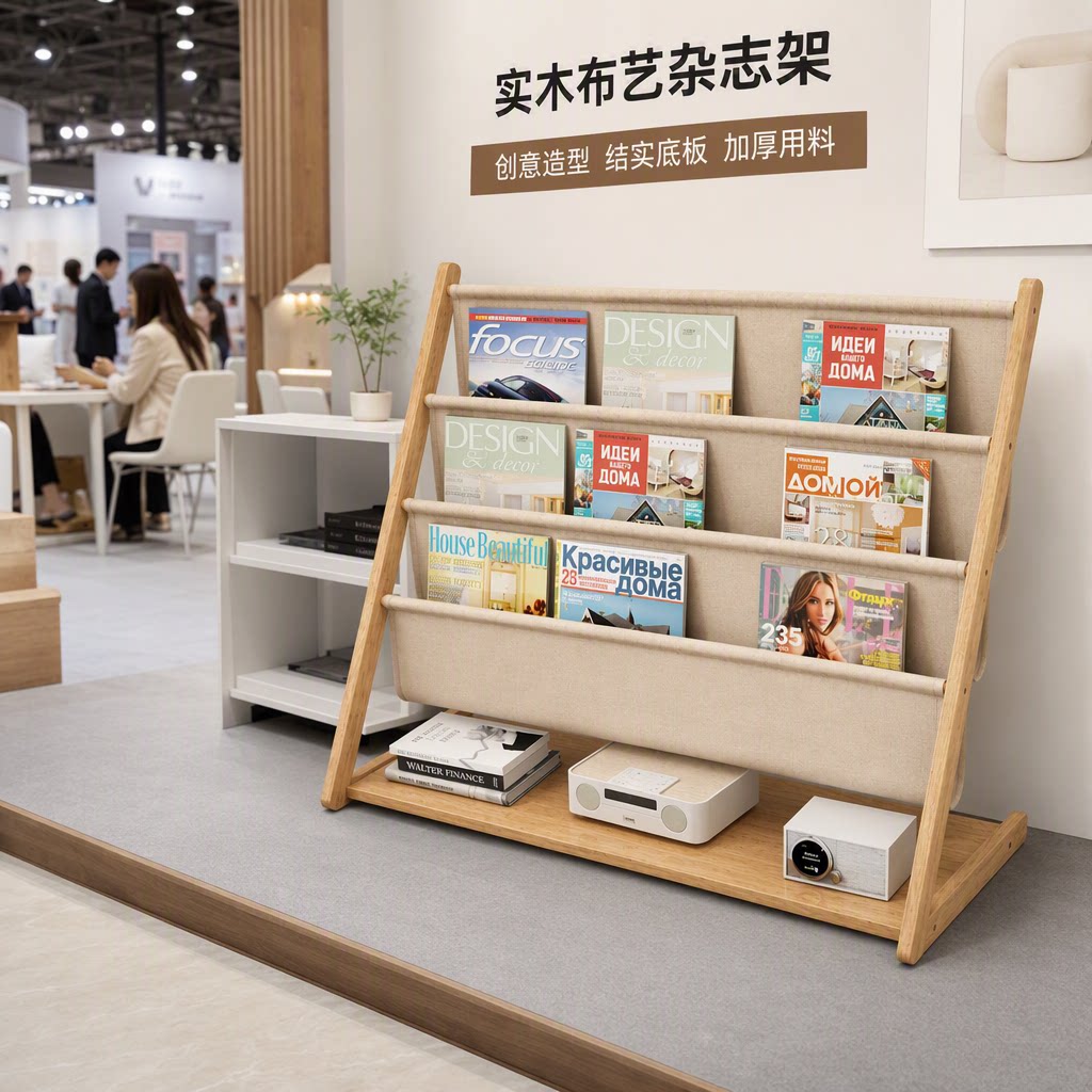 实木布艺落地书报架儿童绘本架