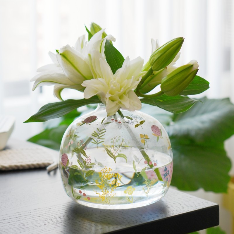 小碎花创意玻璃花瓶圆形高级感透明水养鲜花插花客厅玄关装饰摆件