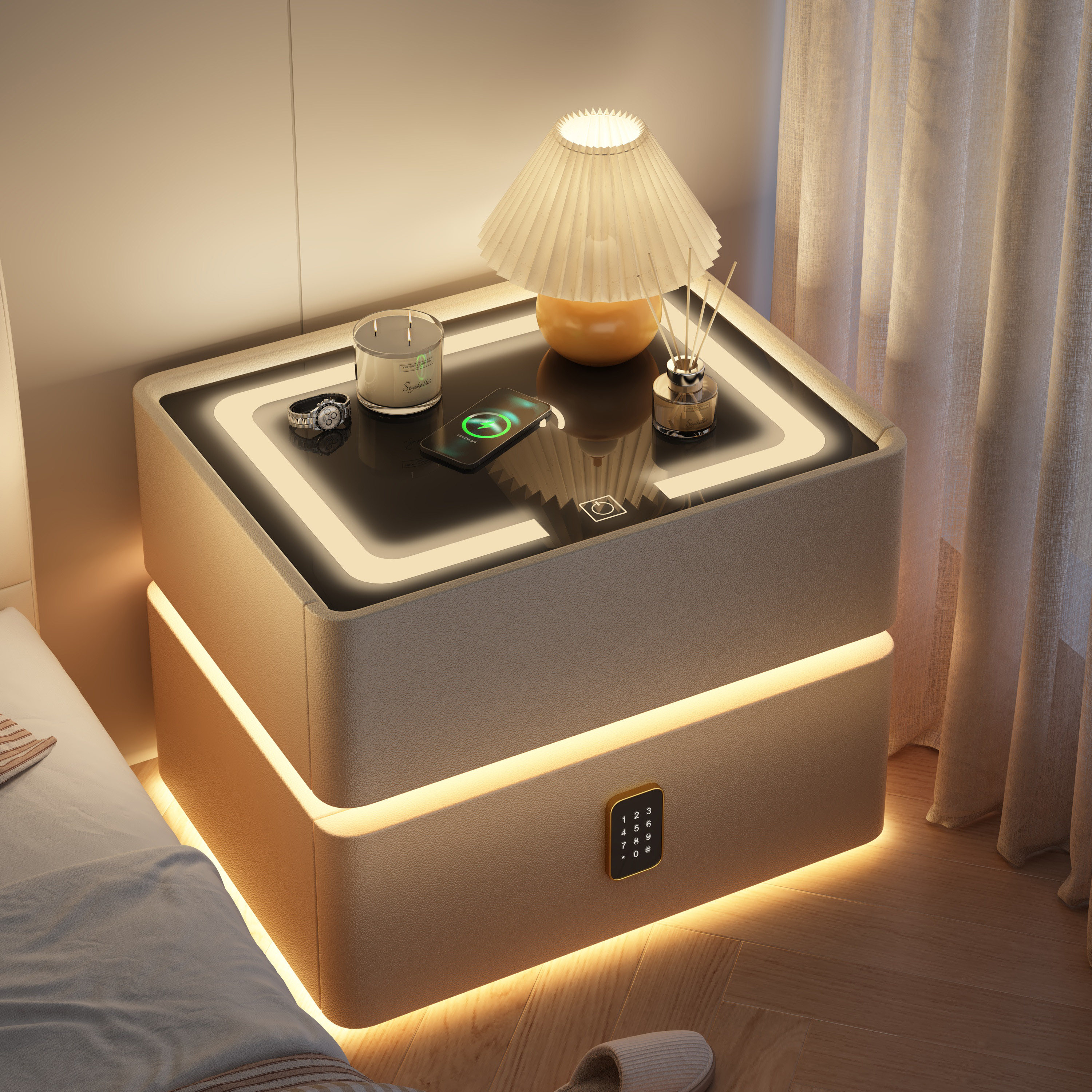 智能家用床头柜实木带灯置物架多功能无线 线充电免安装卧室床边