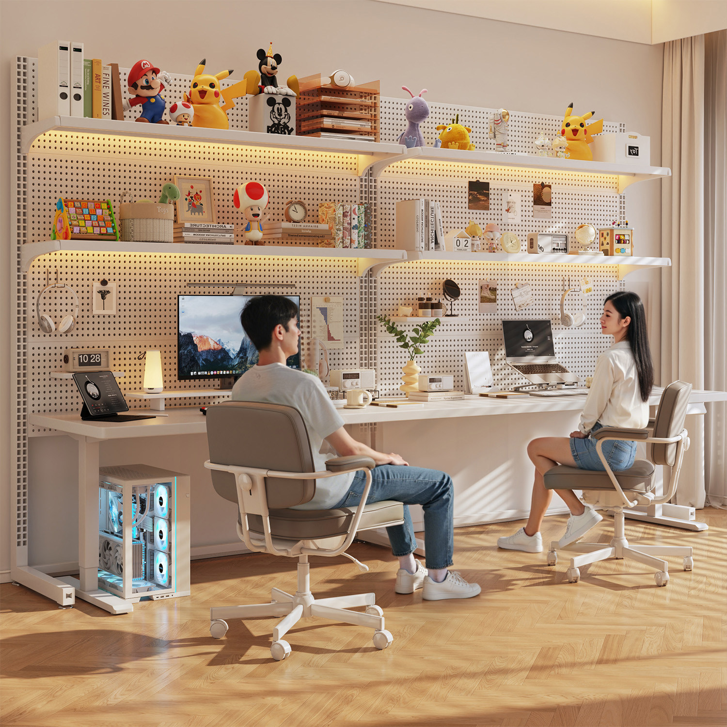 洞洞板置物架立式落地免打孔电竞房金属收纳层架书房电脑桌面改造