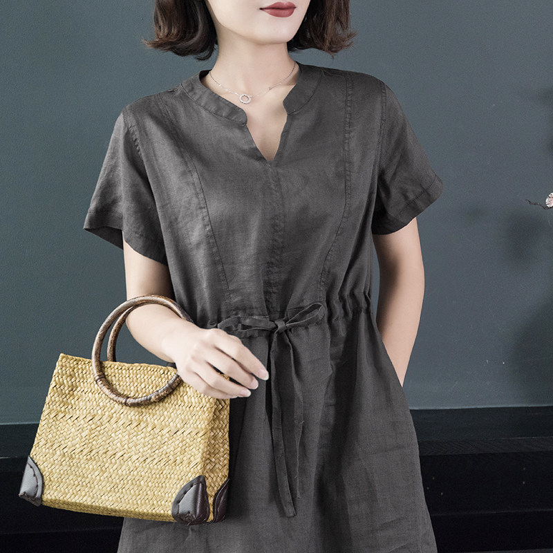 Frenum Waist Short sleeved Cotton and hemp Flax Dress The dress 2019 summer new pattern Linen skirtin the Women's clothing/Boutique , Dress  category - from Buy2taobao.com to provide professional Taobao agent buy service