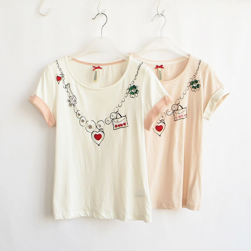 艾格专柜正品女装印花钉珠圆领翻边短袖纯棉夏T恤