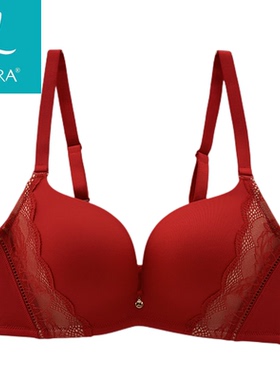 莱系列内衣中国红性感蕾丝3/4中厚杯无托舒适聚拢侧收文胸0II31