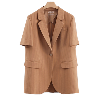 Uslonsrd休闲西装宽松薄外套焦糖色直条纹白领通勤ol上班穿搭