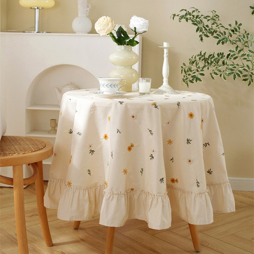 法式田园刺绣绣花北欧小雏菊薰衣草褶皱荷叶边圆形茶几台布餐桌布