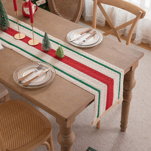 MILAN美式 饰 棉麻色织机织圣诞色流苏条纹菱形格桌旗餐桌斗柜装