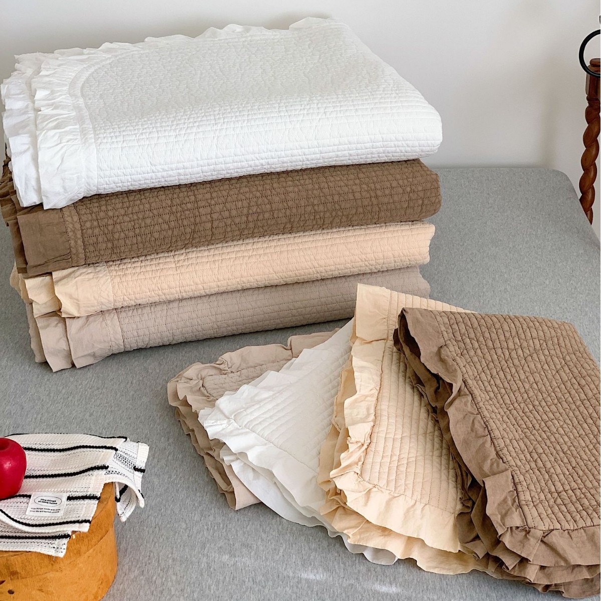 ins出口韩国绗缝床盖三件套温柔荷叶边100支纯棉砂洗夹棉床单