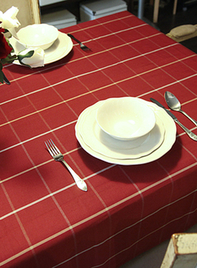 高档北欧简约餐桌布红色格子桌布长方形家用圣诞新年茶几布艺