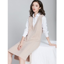 宽松开叉V领针织衫 毛衣背心马甲裙女秋冬 中长款 新款 2019春季 韩版