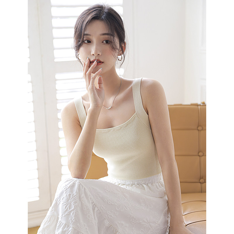 针织吊带背心女内搭夏薄冰丝短款遮肚子白色打底外穿法式无袖上衣