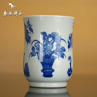 景德镇 春风祥玉 邹俊窑制八字款 青花 博古画面 大桶杯