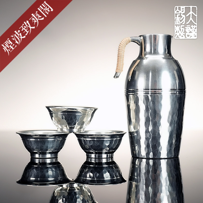 烟波 日本大阪浪华锡器 锤目纹 藤编 锡壶 平足酒杯酒壶 酒具套装