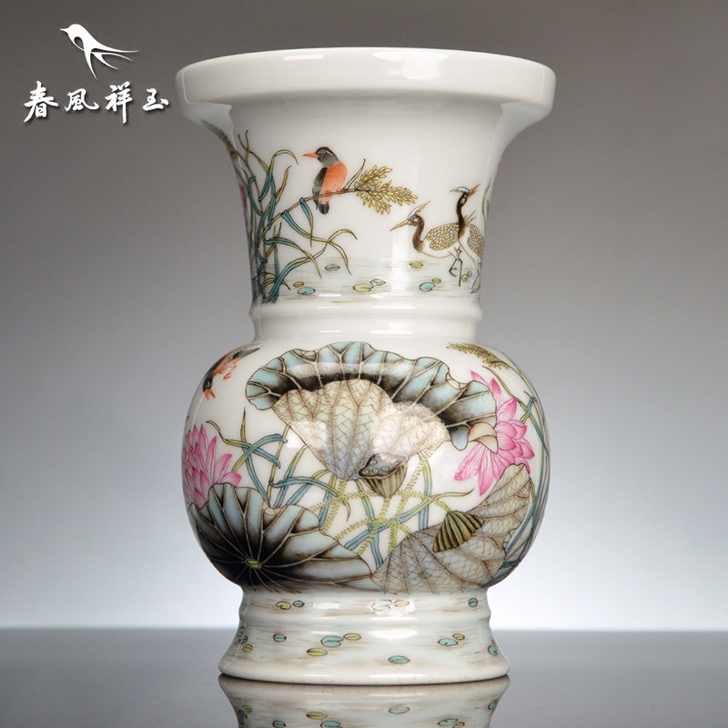 景德镇 春风祥玉 邹俊窑制八字款 珐琅彩 荷花 花瓶 花鼓