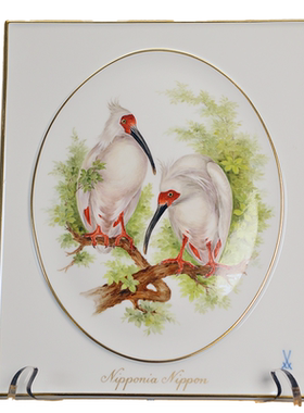 日本国鸟朱鹮彩绘描金瓷板画