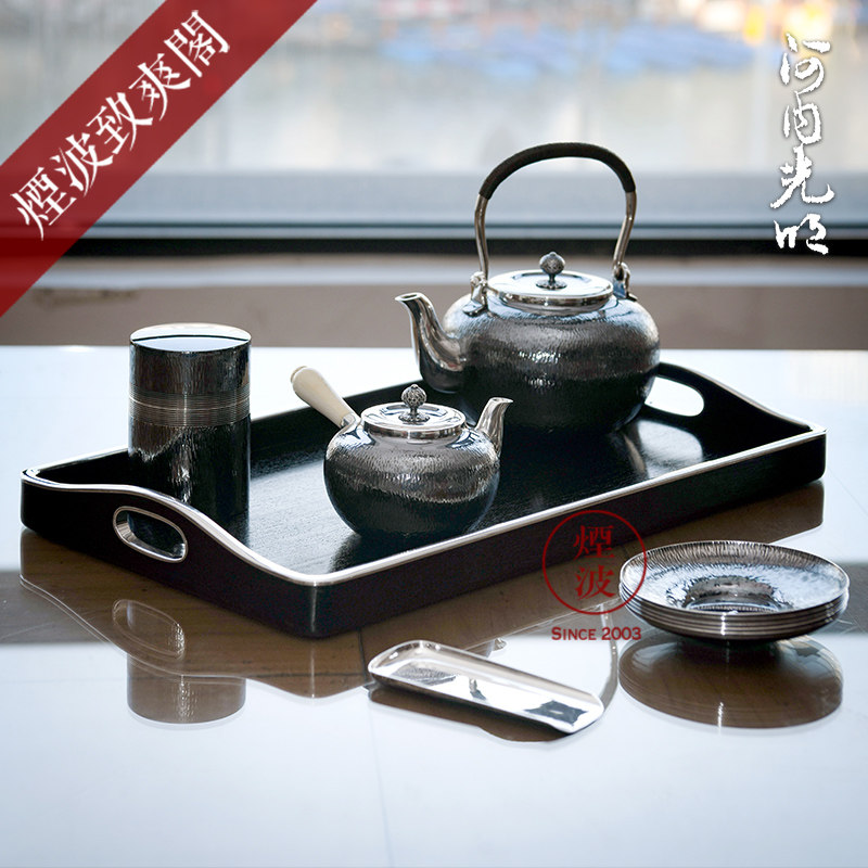 日本银器河内光明纯银横手急须壶 泡茶壶 银壶 银制煎茶套十件套
