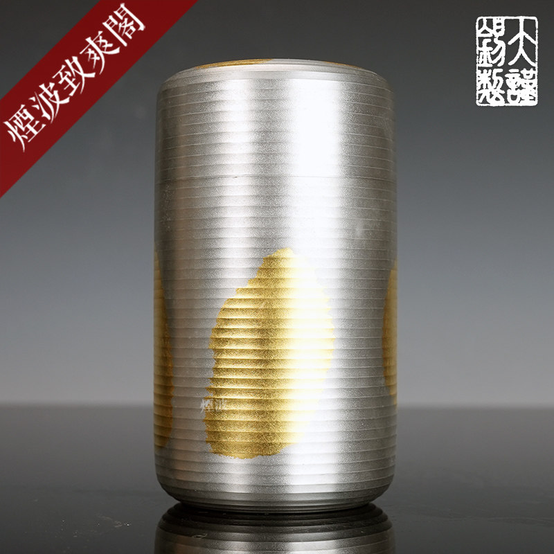 日本 大阪浪华锡器 系目纹 金箔 锡制 茶叶罐 锡罐 密封茶筒 茶仓
