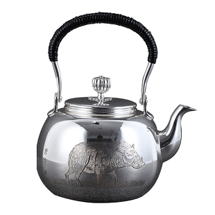 日本银器 银川堂 银本铺 纯银 十二生肖彫金猪 茶壶 银壶 煮水壶