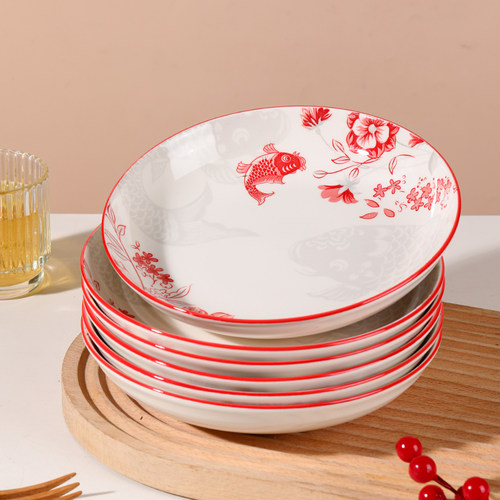 8英寸年年有余陶瓷大圆盘釉下彩餐具碟子菜盘子