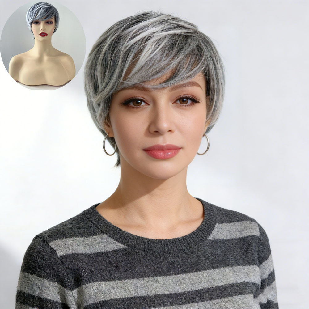 新品假发女欧美时尚短直发黑白染色混色化纤短发头套女