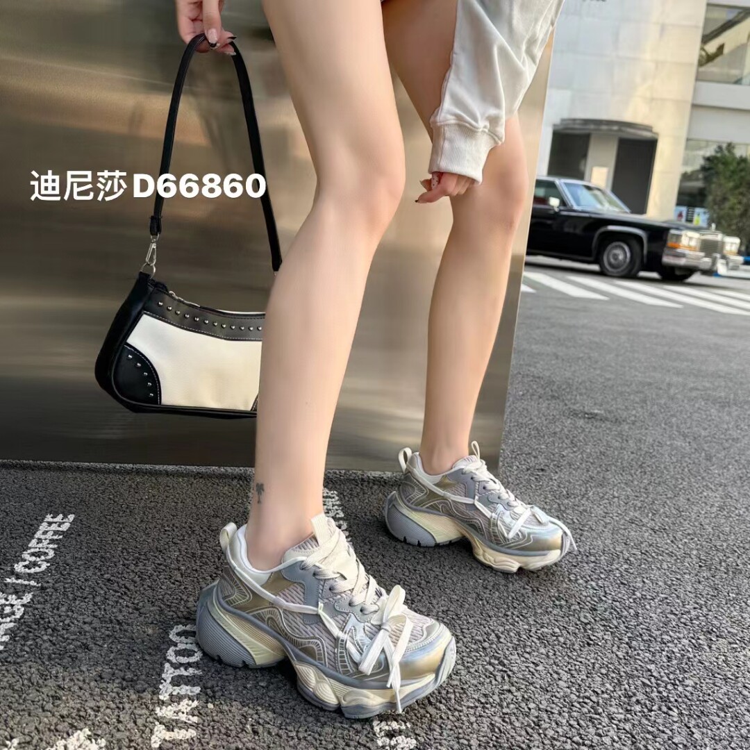 迪尼莎2024春季绑带厚底牛皮老爹鞋时尚真皮透气百搭女鞋66860