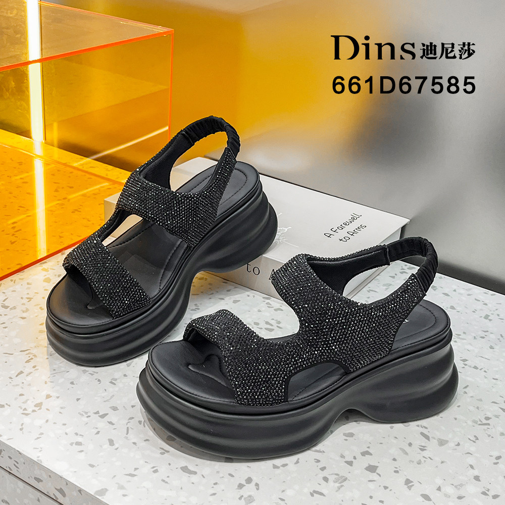 迪尼莎2024厚底松紧带舒适凉鞋水钻配布时尚闪亮亮女鞋67585