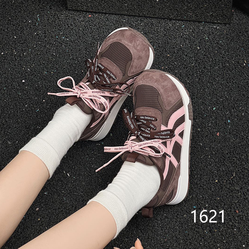 2025秋季新款防滑底猪巴皮革/网系带透气休闲女鞋运动鞋1621