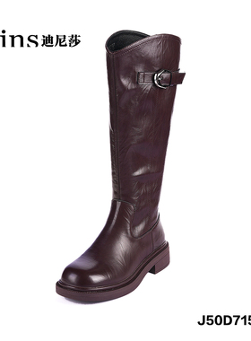 2025冬季新款圆头方跟牛皮骑士靴舒适皮扣后拉长靴女71587