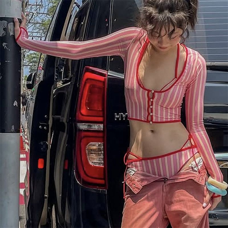 泳衣女2025夏新款高级感长袖分体条纹比基尼绝美沙滩度假三件套装