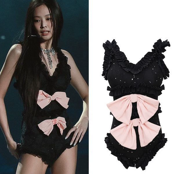 金智妮Jennie同款黑色舞台紧身无袖荷叶边蝴蝶结连体短裤女潮