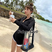 新款长袖防晒分体保守高腰平角裤黑白色显瘦遮肉游泳衣女冲浪服