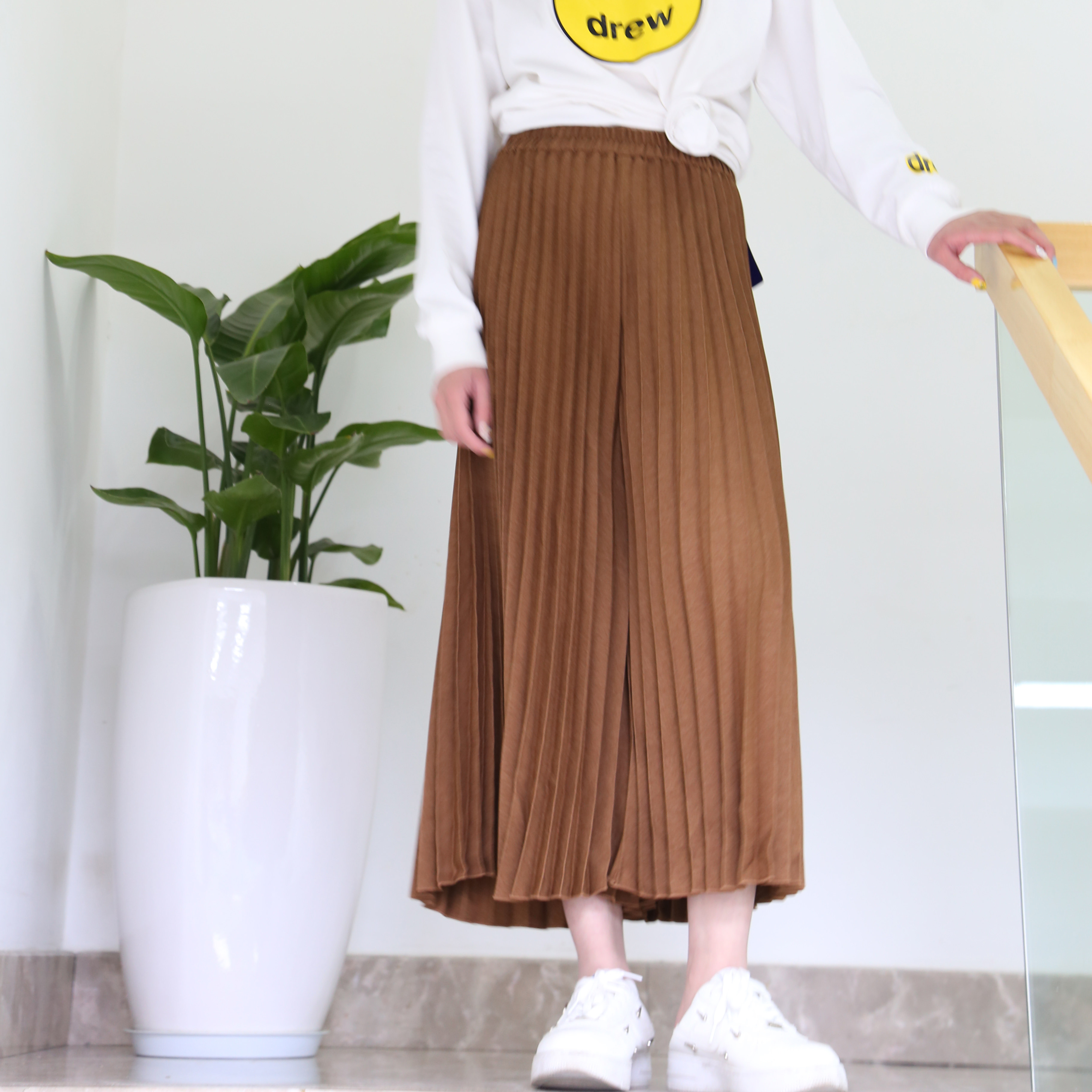 阔腿裤女松紧高腰垂感九分裤春显瘦百搭宽松休闲大摆直筒百褶裙裤