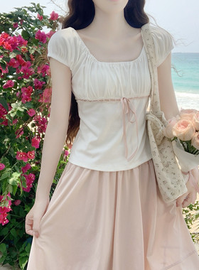 【Dear YN】温柔甜美少女感白色蝴蝶结设计短袖T恤女夏日小上衣