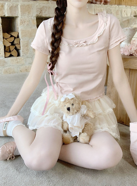 【Dear YN】甜美蕾丝花边设计方领木耳边短袖棉质T恤短款修身上衣