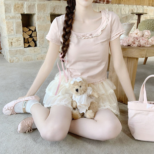 Dear 修身 棉质T恤短款 上衣 甜美蕾丝花边设计方领木耳边短袖