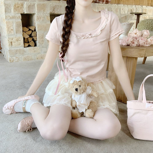 【DearYN】方领蕾丝花边短袖女