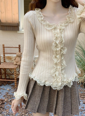 【Dear YN】温柔风气质蕾丝拼接木耳边针织衫秋季修身花边打底衫