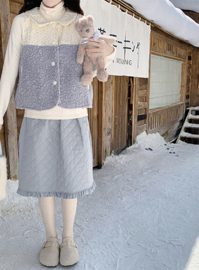 【Dear YN】温柔韩系菱格夹棉花边半身裙女百搭高腰中裙花苞裙冬