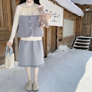 温柔韩系菱格夹棉花边半身裙女百搭高腰中裙花苞裙冬 Dear