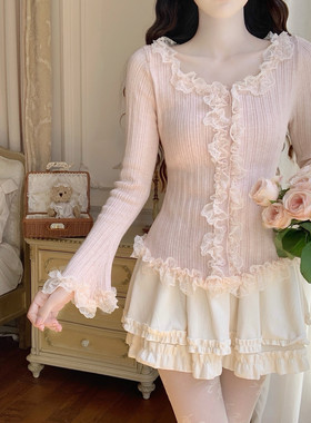【Dear YN】温柔风气质蕾丝拼接木耳边针织衫秋季修身花边打底衫