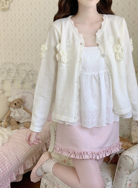 【Dear YN】温柔白色重工立体花朵针织开衫女春季软糯毛衣外套