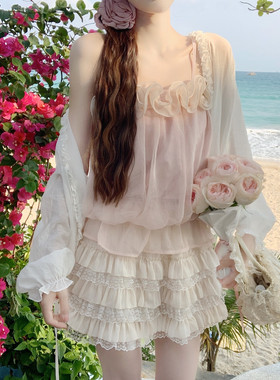 【Dear YN】温柔甜美 珠光纱立体花朵吊带背心百搭仙气无袖上衣女